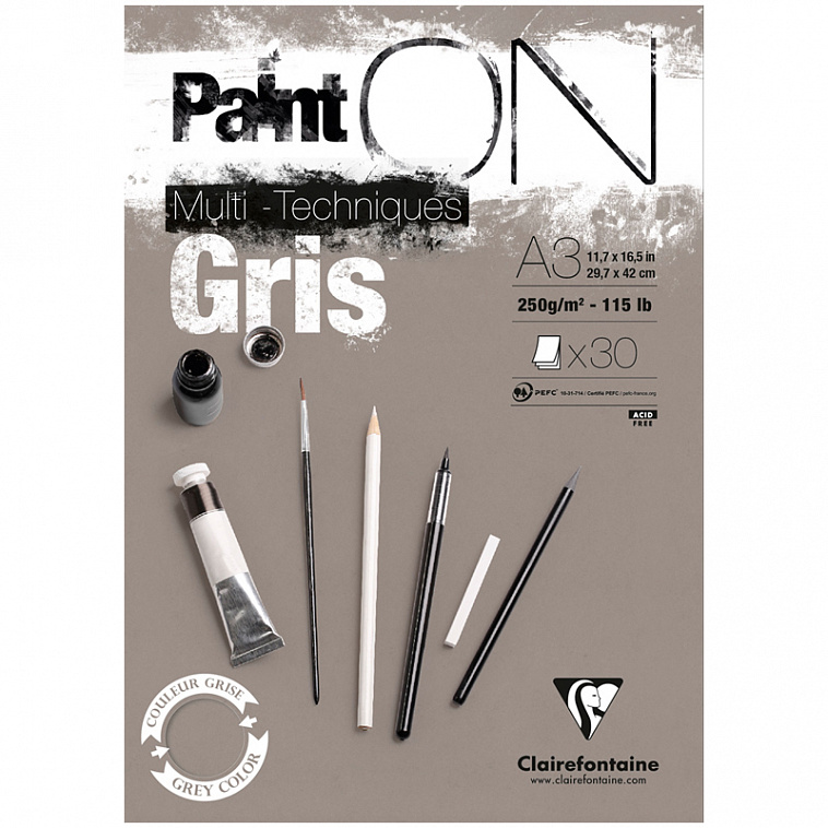 Альбом-склейка для смешанных техник Clairefontaine "Paint'ON Grey" А3 30 л 250 г, серый