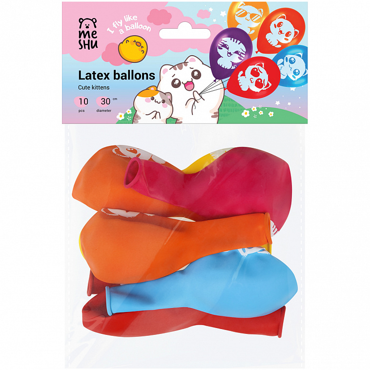 Воздушные шары MESHU "Cute kittens" 10 шт., М12/30 см, пастель, ассорти